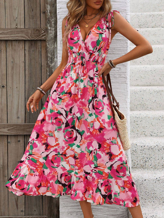 Ruffled Smocked Printed Sleeveless Dress - Siennasass