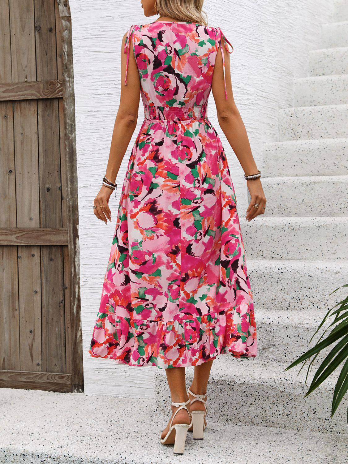 Ruffled Smocked Printed Sleeveless Dress - Siennasass