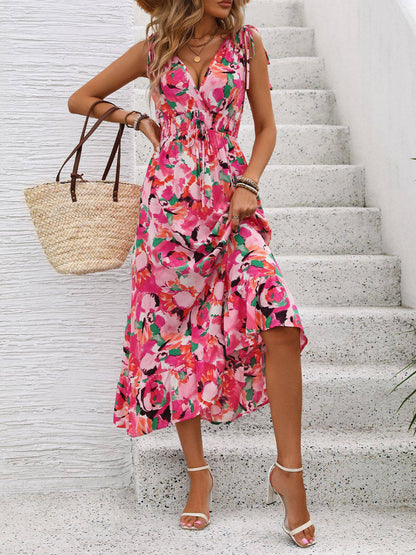 Ruffled Smocked Printed Sleeveless Dress - Siennasass