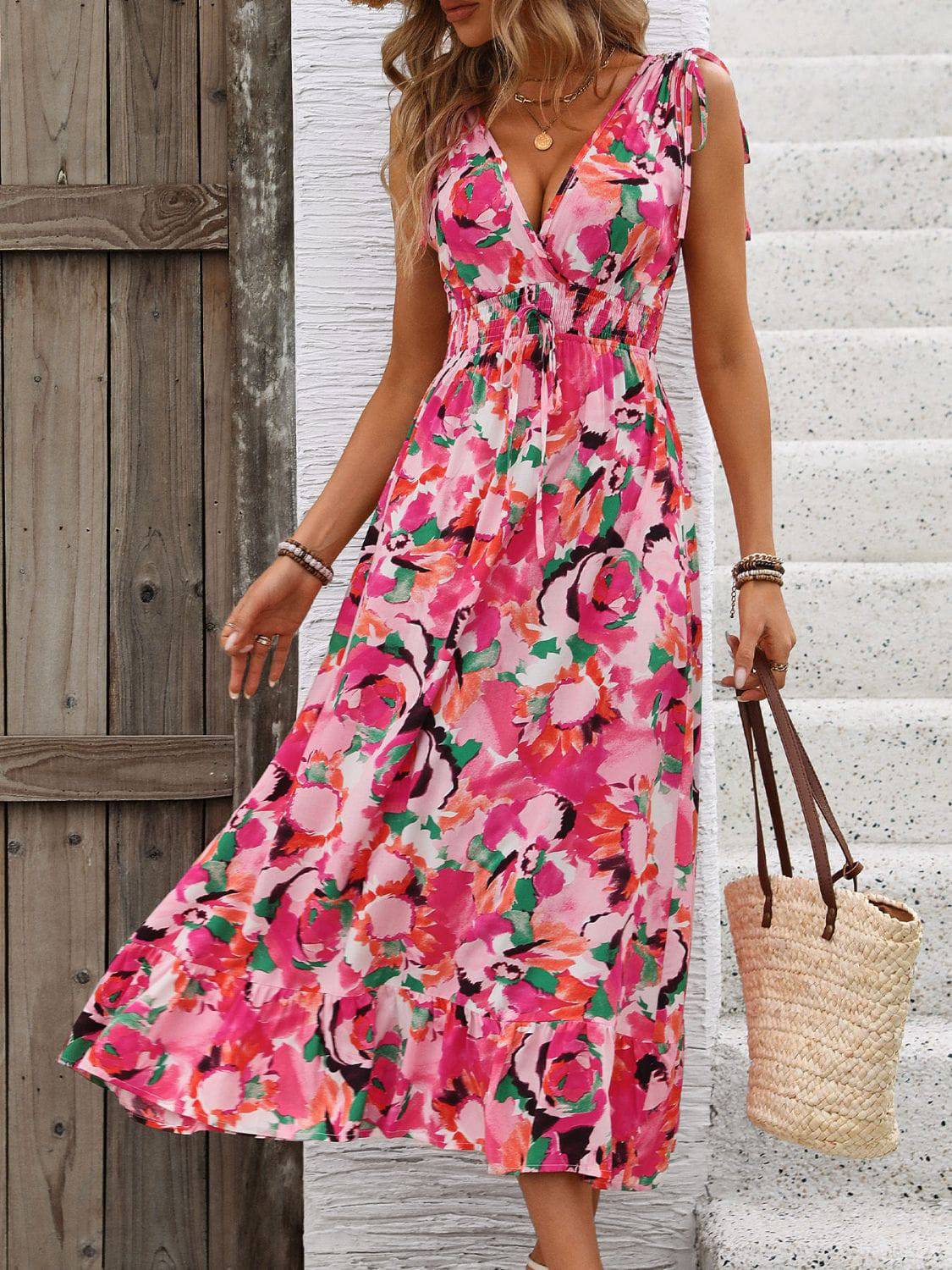 Ruffled Smocked Printed Sleeveless Dress - Siennasass