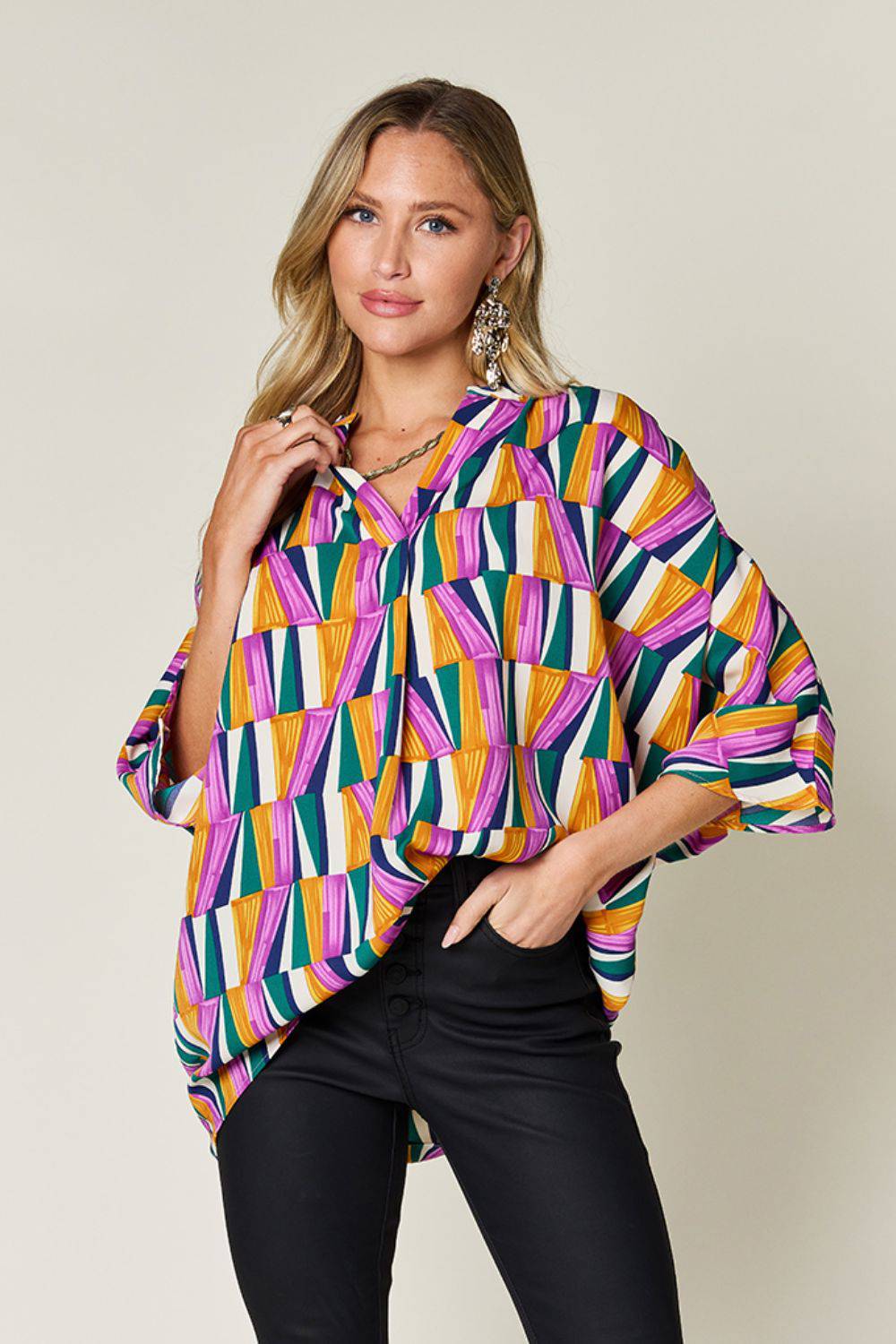 Double Take Full Size Geometric Notched Raglan Sleeve Blouse - Siennasass