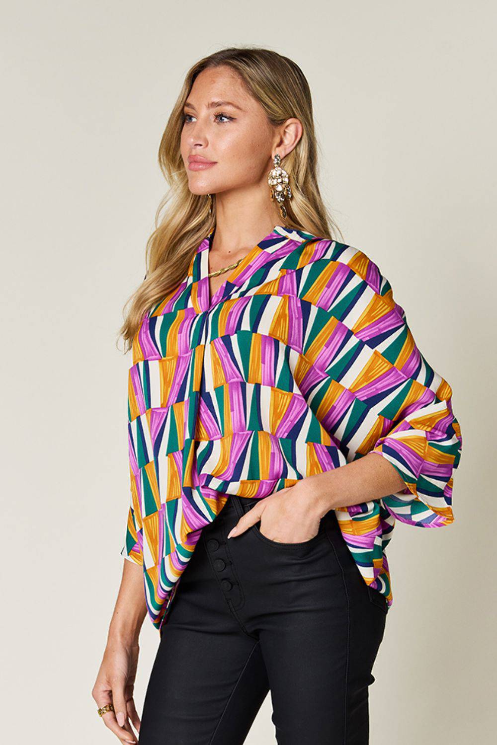 Double Take Full Size Geometric Notched Raglan Sleeve Blouse - Siennasass