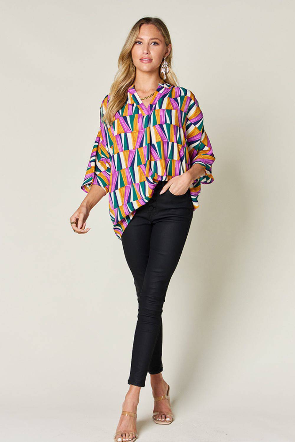 Double Take Full Size Geometric Notched Raglan Sleeve Blouse - Siennasass
