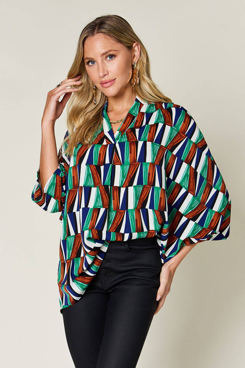 Double Take Full Size Geometric Notched Raglan Sleeve Blouse - Siennasass