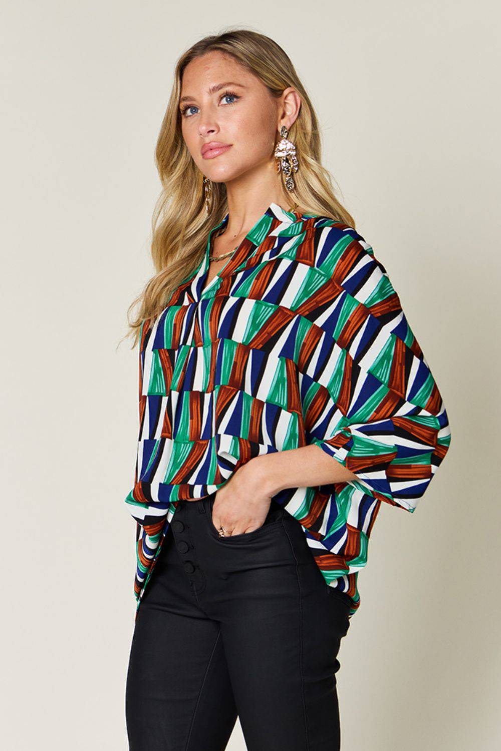 Double Take Full Size Geometric Notched Raglan Sleeve Blouse - Siennasass