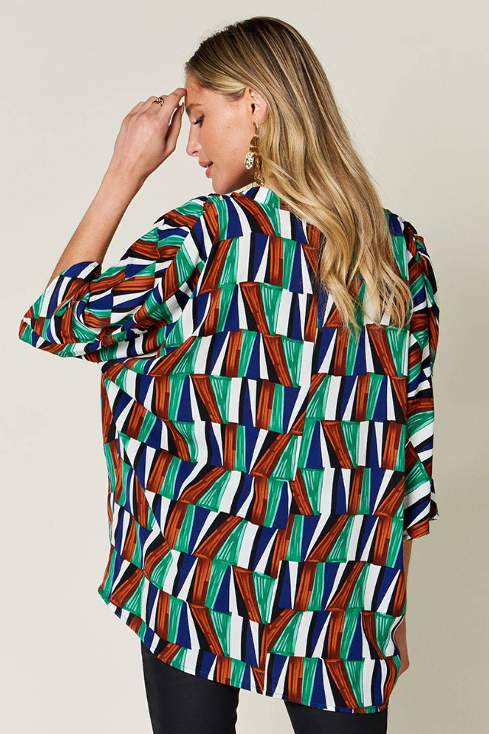 Double Take Full Size Geometric Notched Raglan Sleeve Blouse - Siennasass