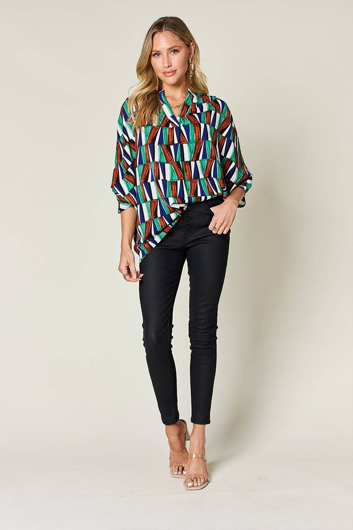 Double Take Full Size Geometric Notched Raglan Sleeve Blouse - Siennasass