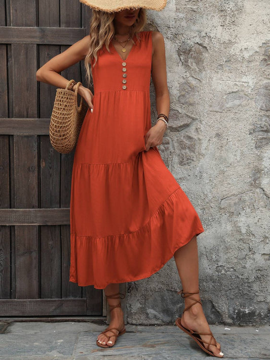 Decorative Button Notched Sleeveless Dress - Siennasass