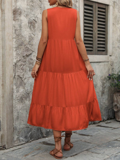 Decorative Button Notched Sleeveless Dress - Siennasass