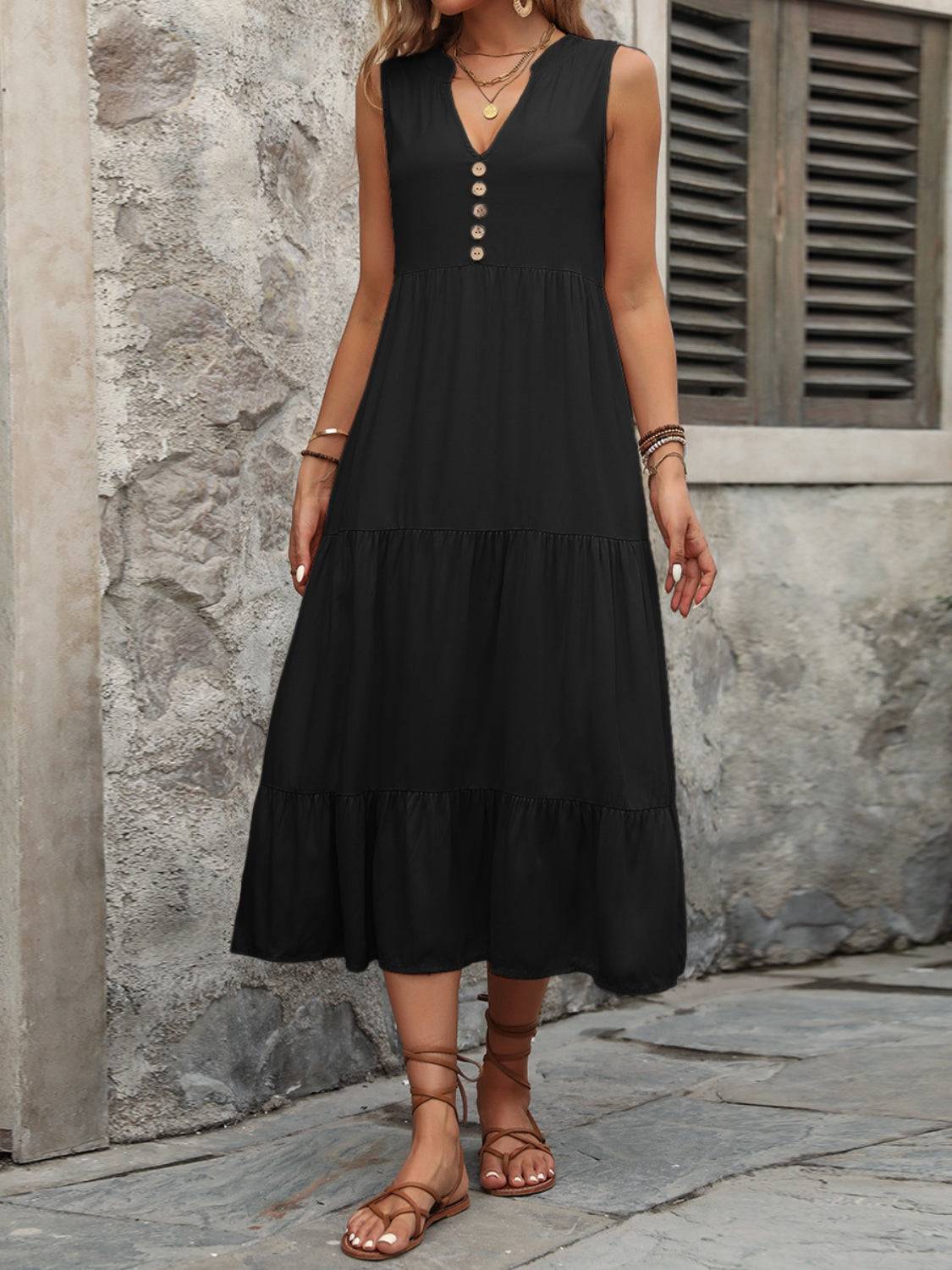 Decorative Button Notched Sleeveless Dress - Siennasass