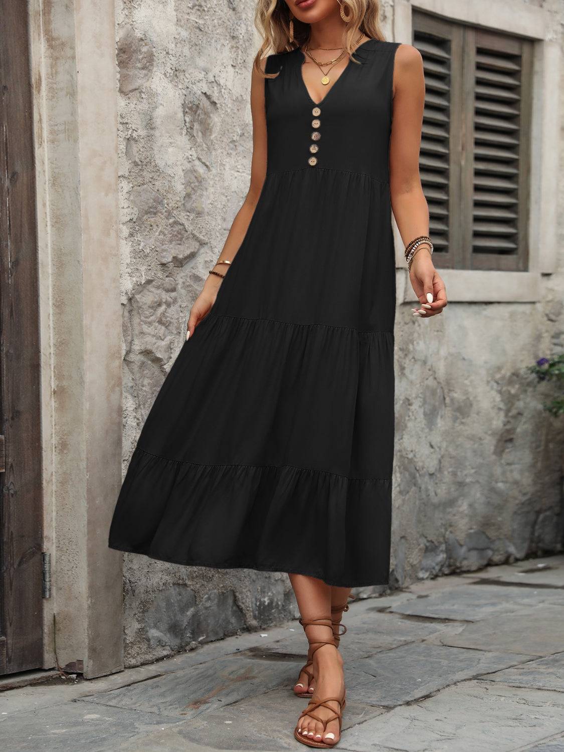Decorative Button Notched Sleeveless Dress - Siennasass