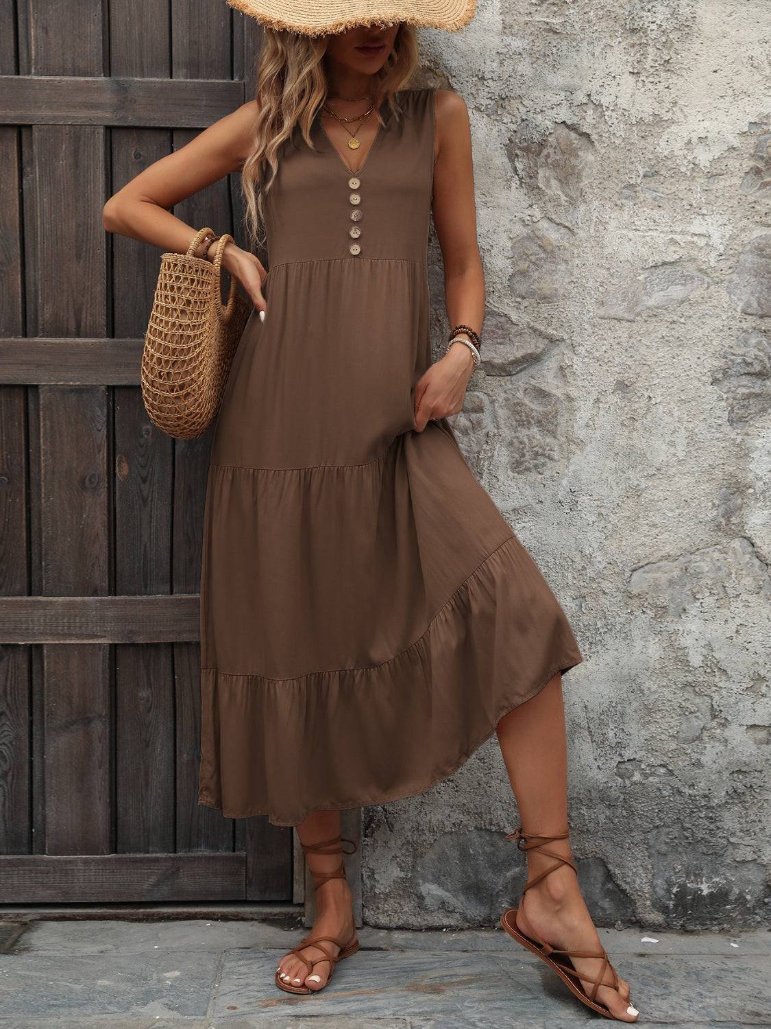 Decorative Button Notched Sleeveless Dress - Siennasass