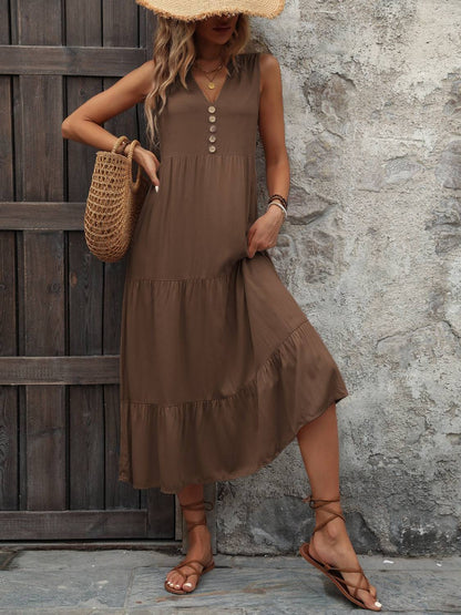 Decorative Button Notched Sleeveless Dress - Siennasass