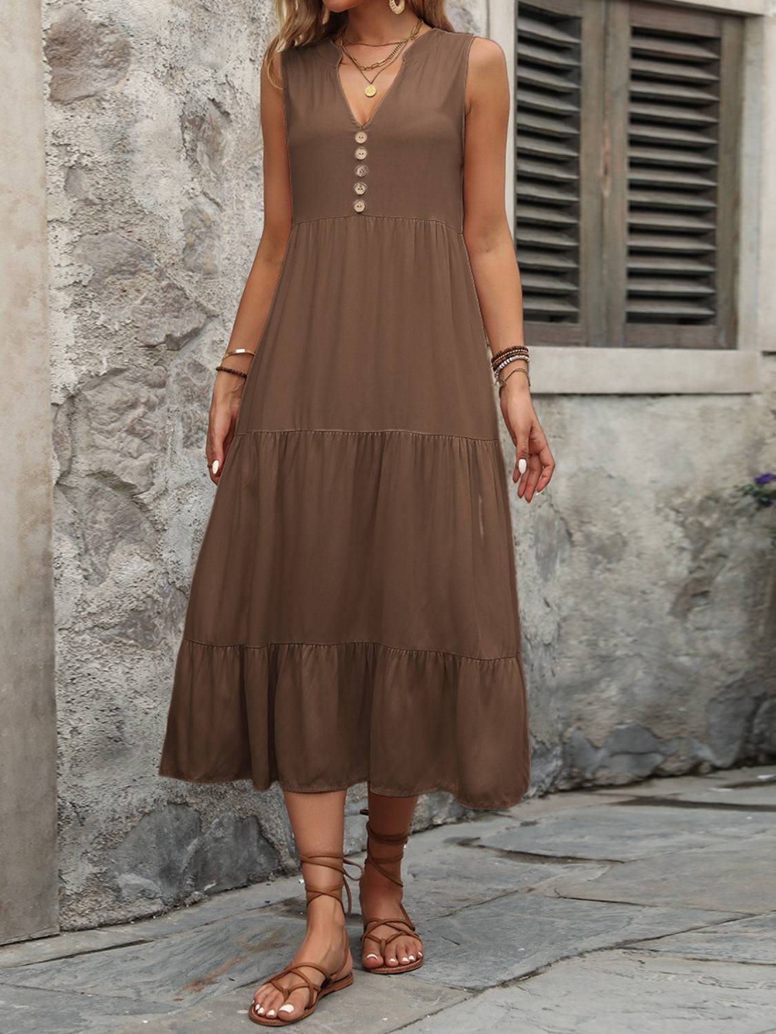 Decorative Button Notched Sleeveless Dress - Siennasass