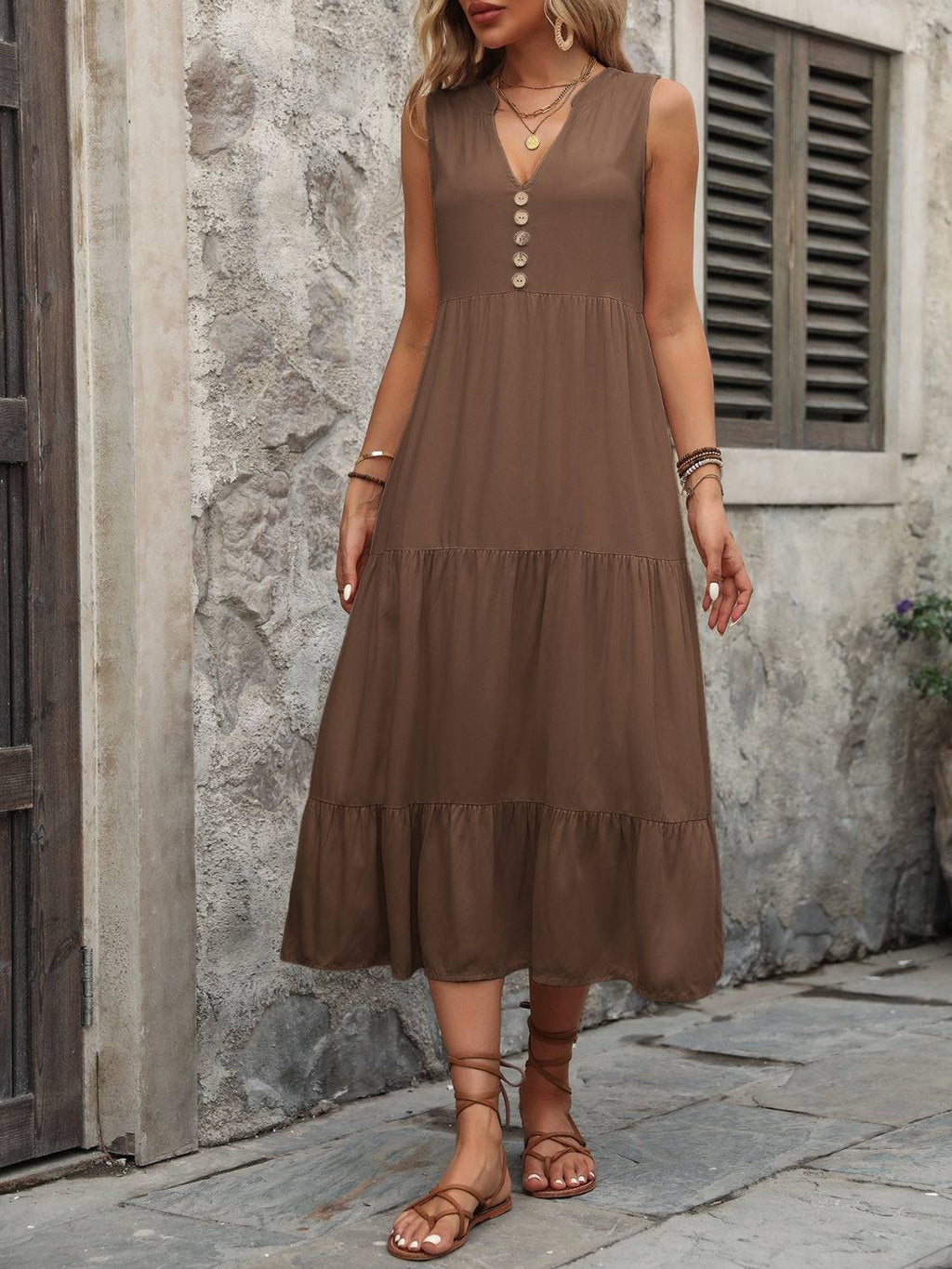 Decorative Button Notched Sleeveless Dress - Siennasass