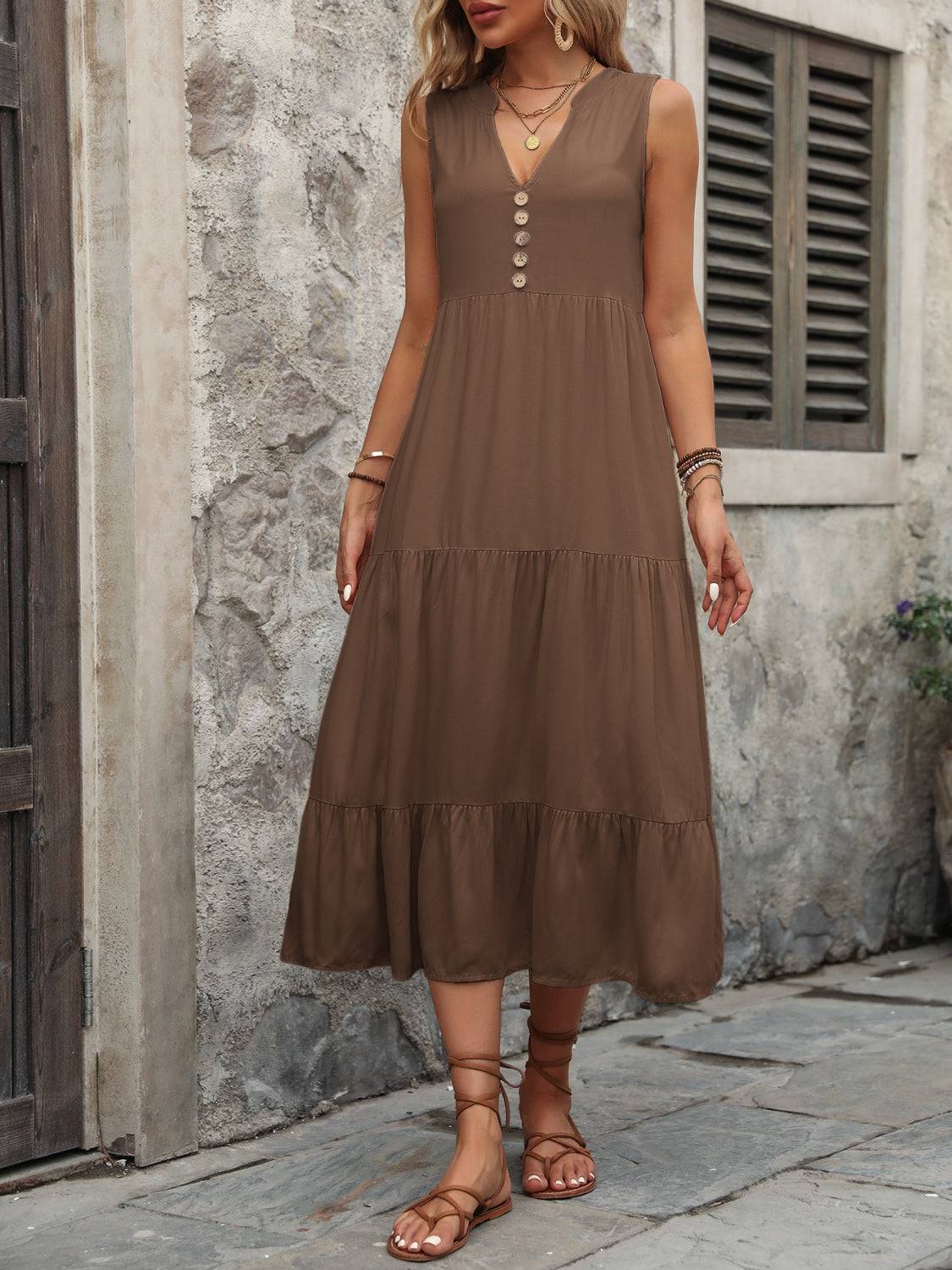 Decorative Button Notched Sleeveless Dress - Siennasass