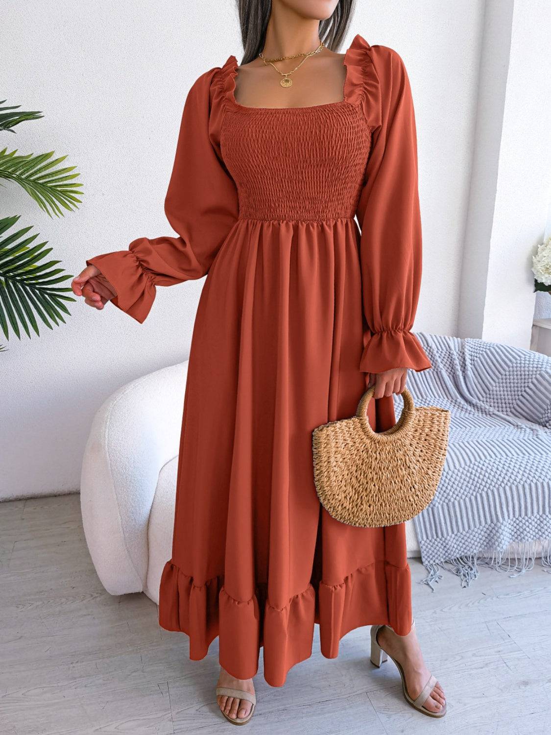 Smocked Square Neck Flounce Sleeve Dress - Siennasass