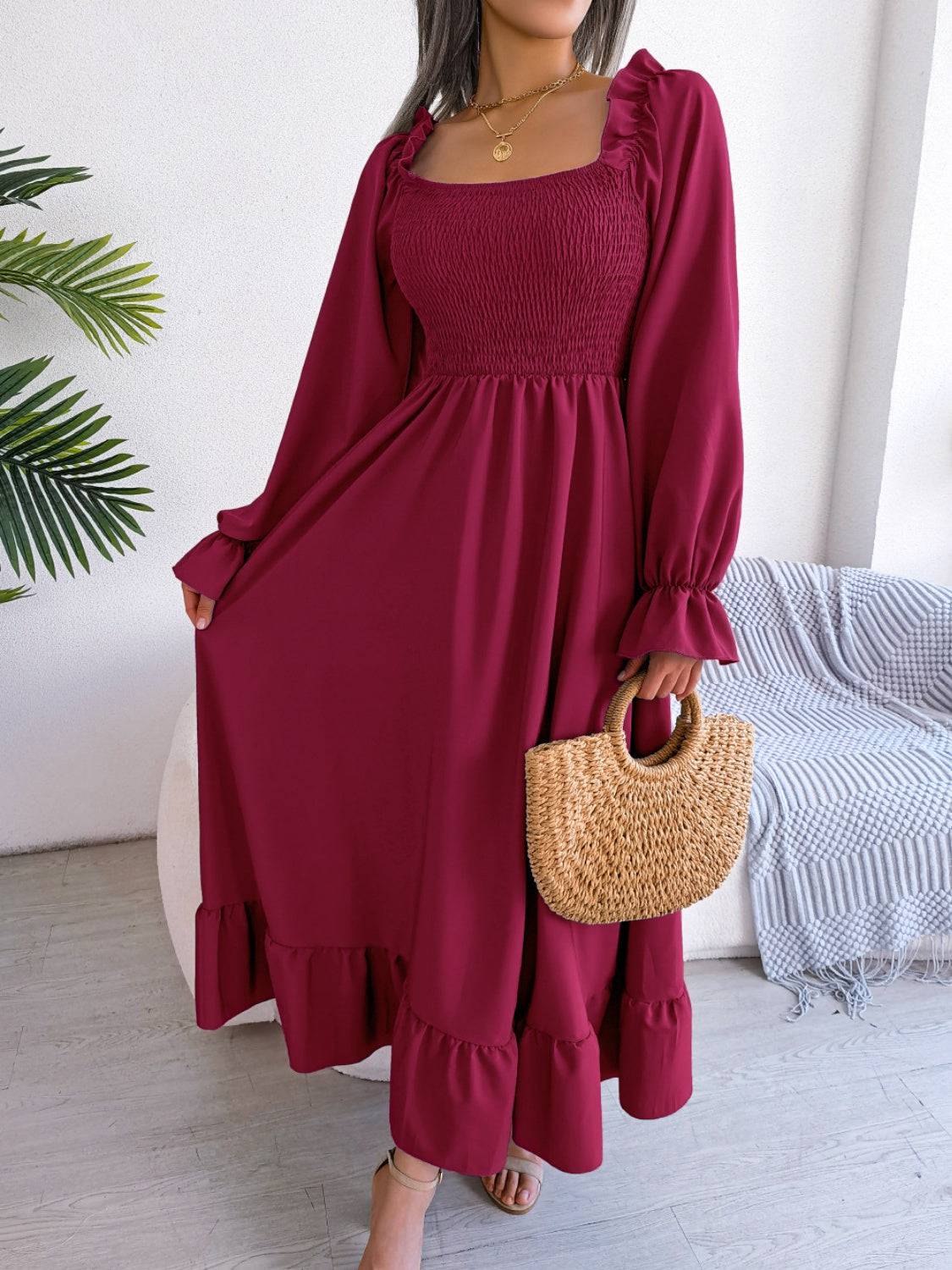 Smocked Square Neck Flounce Sleeve Dress - Siennasass