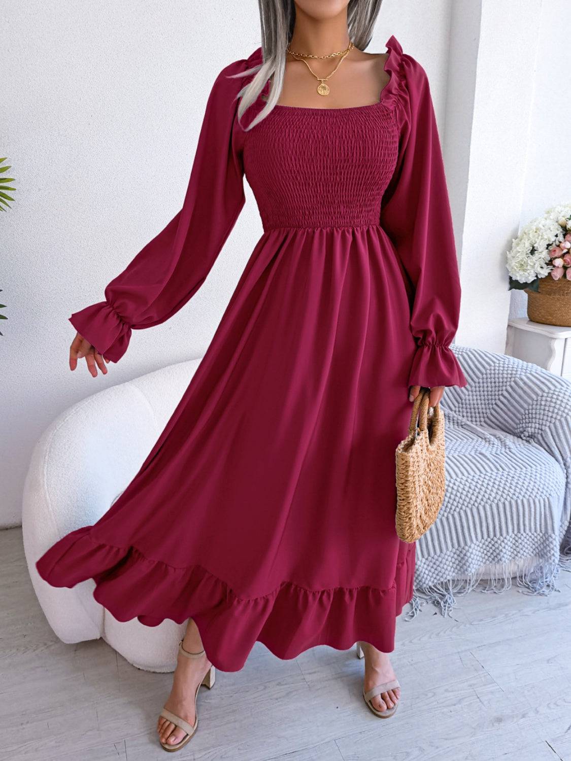 Smocked Square Neck Flounce Sleeve Dress - Siennasass
