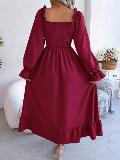 Smocked Square Neck Flounce Sleeve Dress - Siennasass