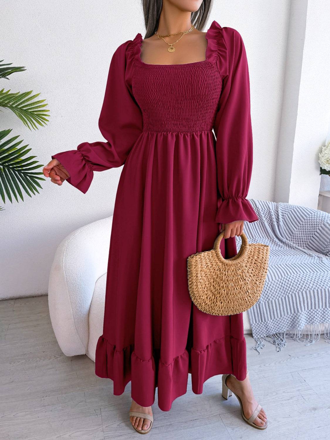 Smocked Square Neck Flounce Sleeve Dress - Siennasass