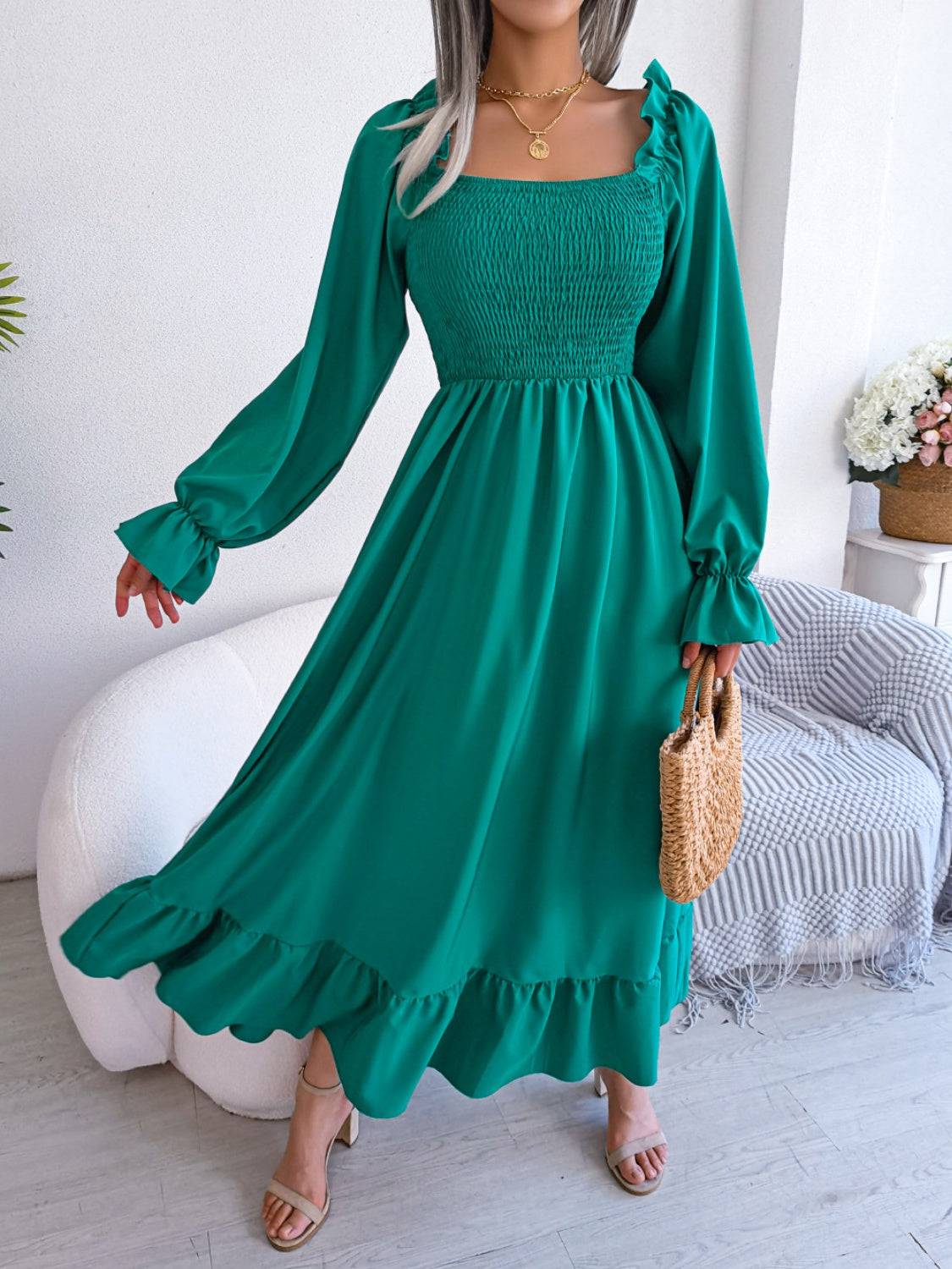Smocked Square Neck Flounce Sleeve Dress - Siennasass