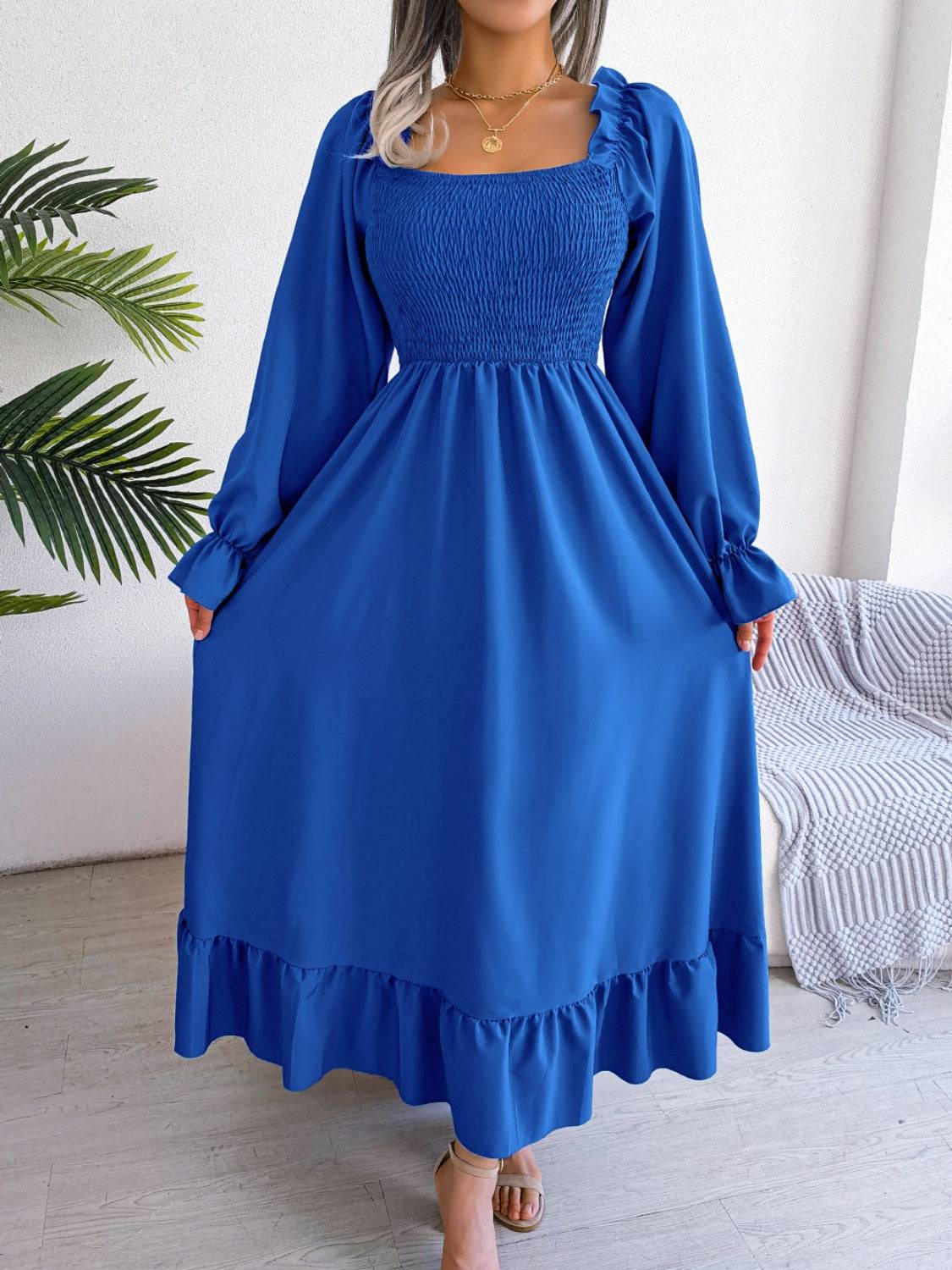 Smocked Square Neck Flounce Sleeve Dress - Siennasass