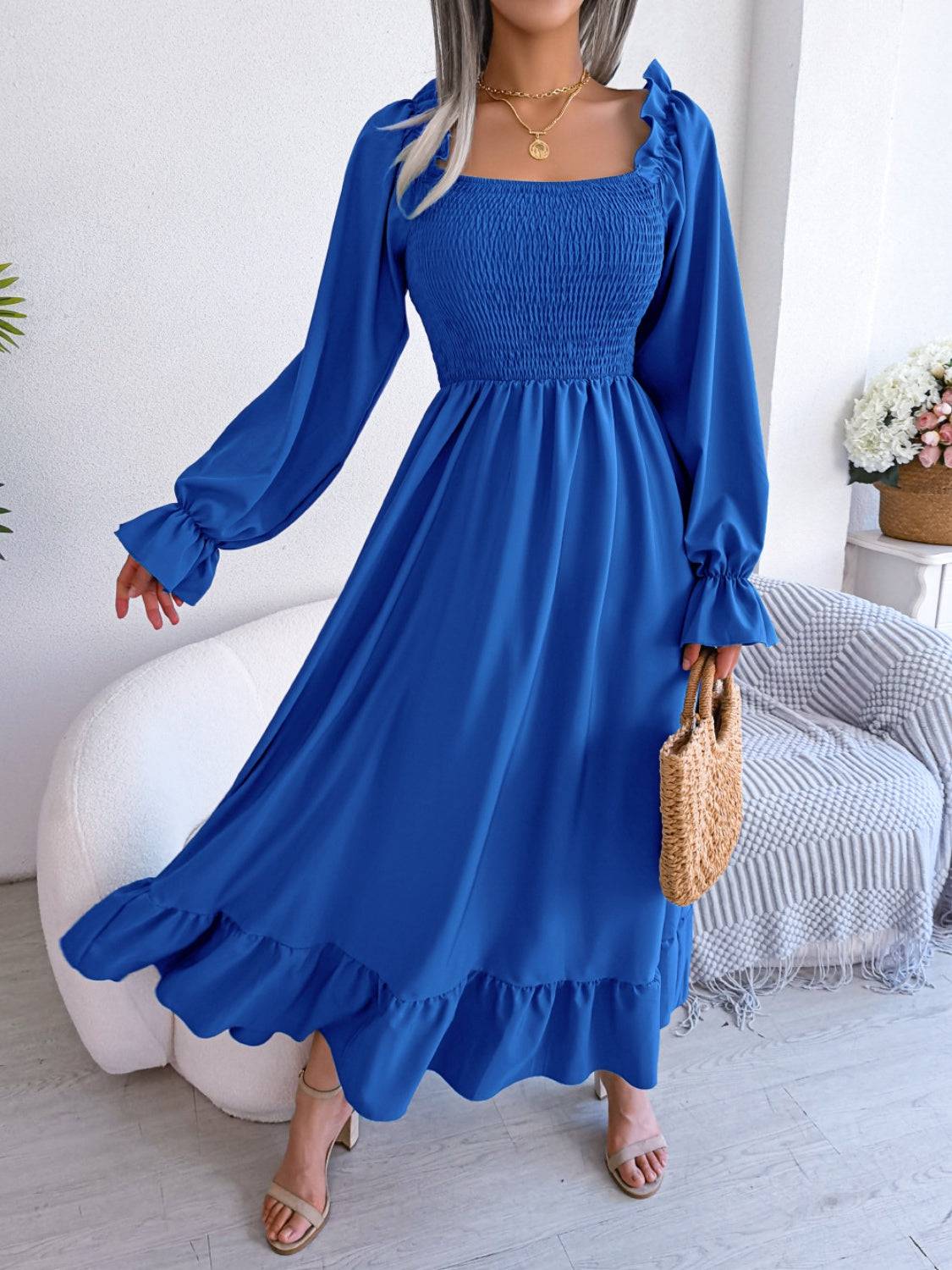 Smocked Square Neck Flounce Sleeve Dress - Siennasass