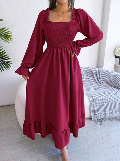 Smocked Square Neck Flounce Sleeve Dress - Siennasass