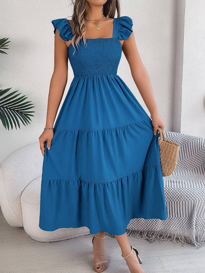 Smocked Square Neck Cap Sleeve Midi Dress - Siennasass