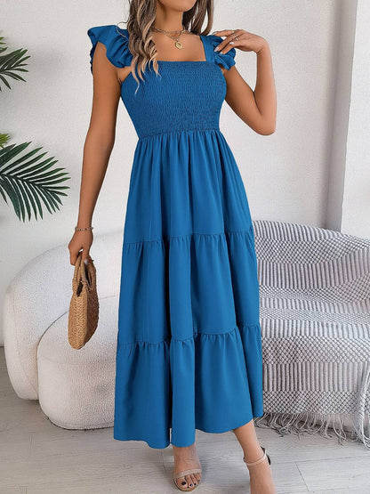 Smocked Square Neck Cap Sleeve Midi Dress - Siennasass