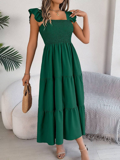 Smocked Square Neck Cap Sleeve Midi Dress - Siennasass