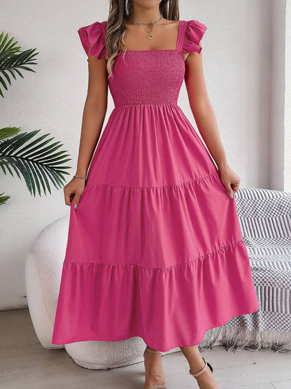 Smocked Square Neck Cap Sleeve Midi Dress - Siennasass