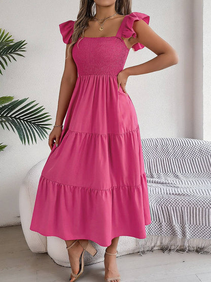 Smocked Square Neck Cap Sleeve Midi Dress - Siennasass