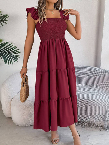 Smocked Square Neck Cap Sleeve Midi Dress - Siennasass