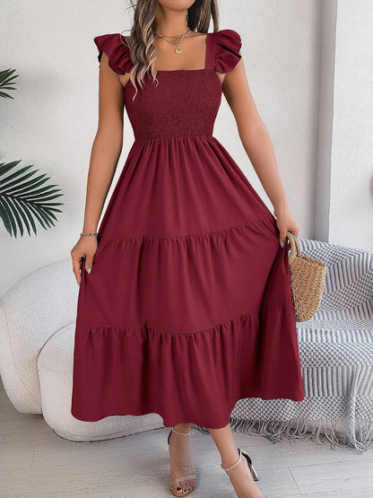 Smocked Square Neck Cap Sleeve Midi Dress - Siennasass