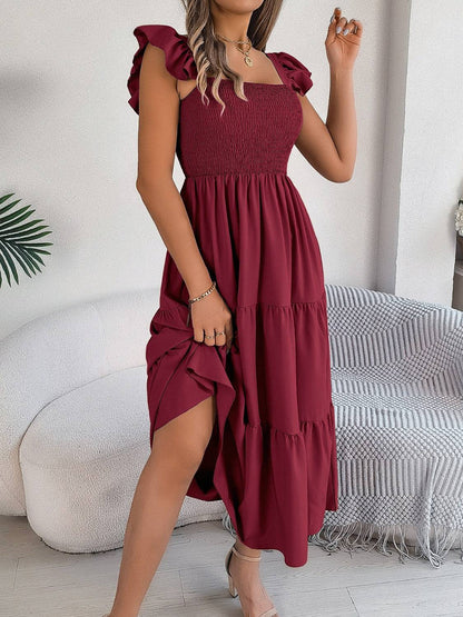 Smocked Square Neck Cap Sleeve Midi Dress - Siennasass