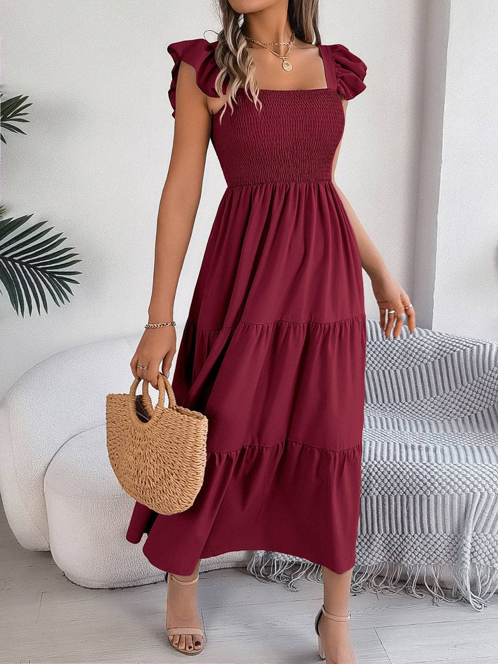 Smocked Square Neck Cap Sleeve Midi Dress - Siennasass