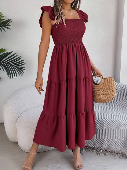 Smocked Square Neck Cap Sleeve Midi Dress - Siennasass
