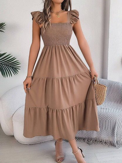Smocked Square Neck Cap Sleeve Midi Dress - Siennasass