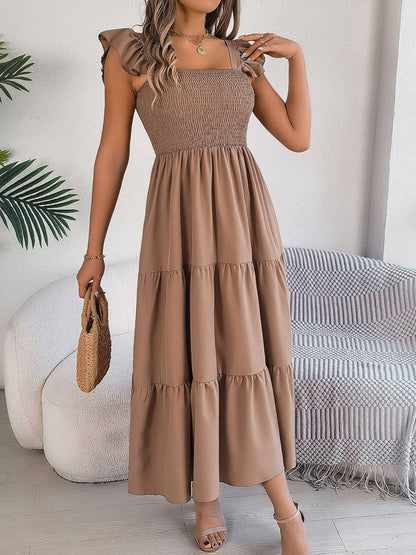 Smocked Square Neck Cap Sleeve Midi Dress - Siennasass