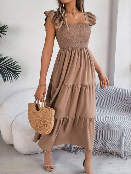 Smocked Square Neck Cap Sleeve Midi Dress - Siennasass