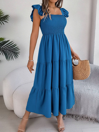 Smocked Square Neck Cap Sleeve Midi Dress - Siennasass