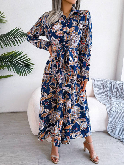 Bedrucktes Langarm-Midikleid mit Bindeband