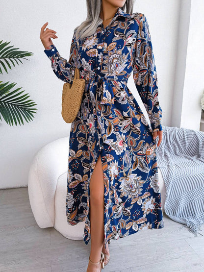 Bedrucktes Langarm-Midikleid mit Bindeband