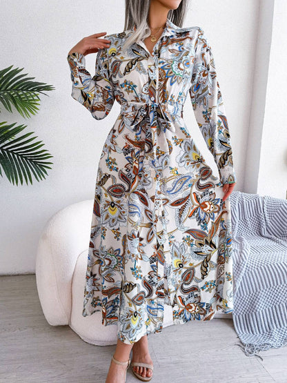 Bedrucktes Langarm-Midikleid mit Bindeband