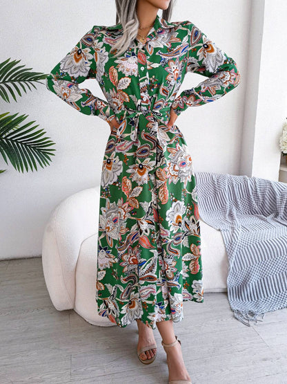 Bedrucktes Langarm-Midikleid mit Bindeband