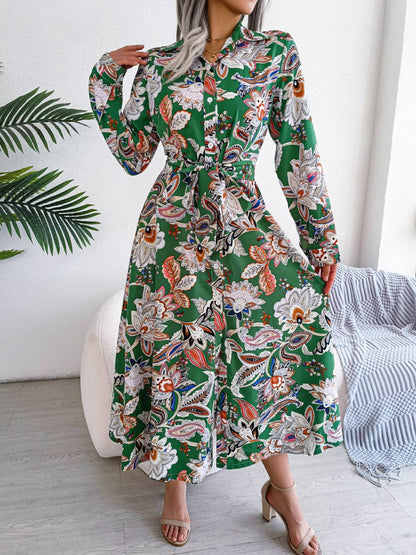 Bedrucktes Langarm-Midikleid mit Bindeband