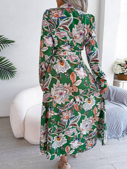 Bedrucktes Langarm-Midikleid mit Bindeband