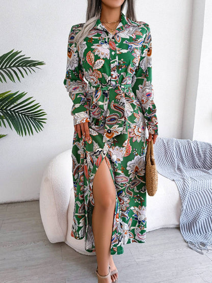 Bedrucktes Langarm-Midikleid mit Bindeband